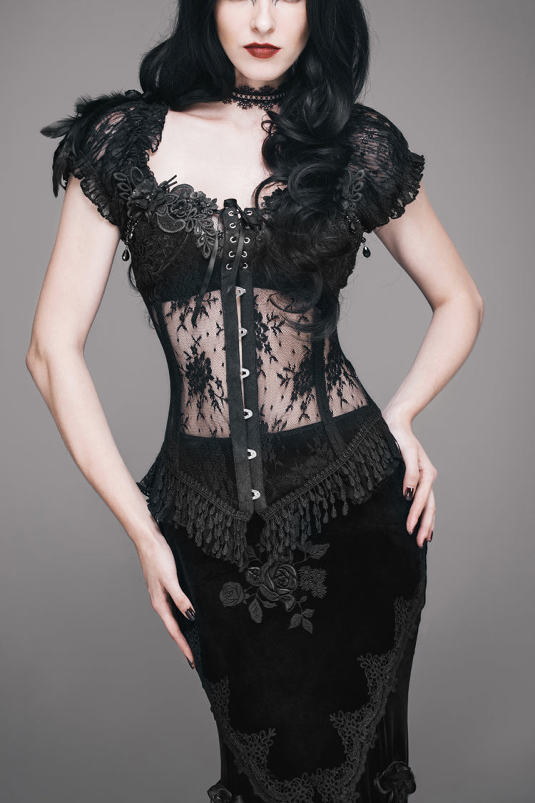 Black Transparent Lace Cotton Waist Fishbone Feather Women's Gothic Flower Corset