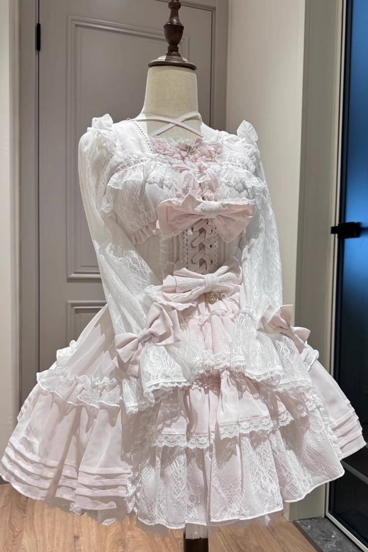 Sweet Square Collar Long Sleeves Lace Ruffle Bowknot Stitching Lace-Up Japanese Plus Size Lolita Dress 3 Colors