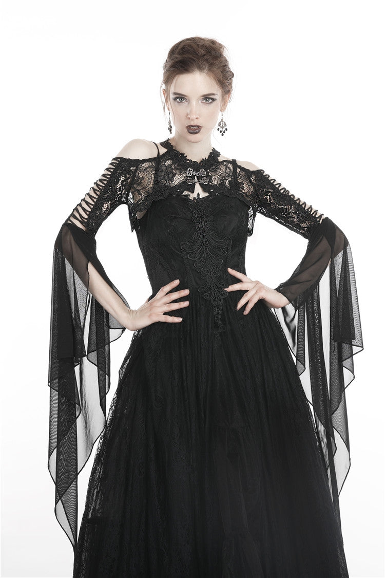 Black Off Shoulder Sheer Lace Long Trumpet Chiffon Sleeves Cut-Out Women's Gothic Capelet