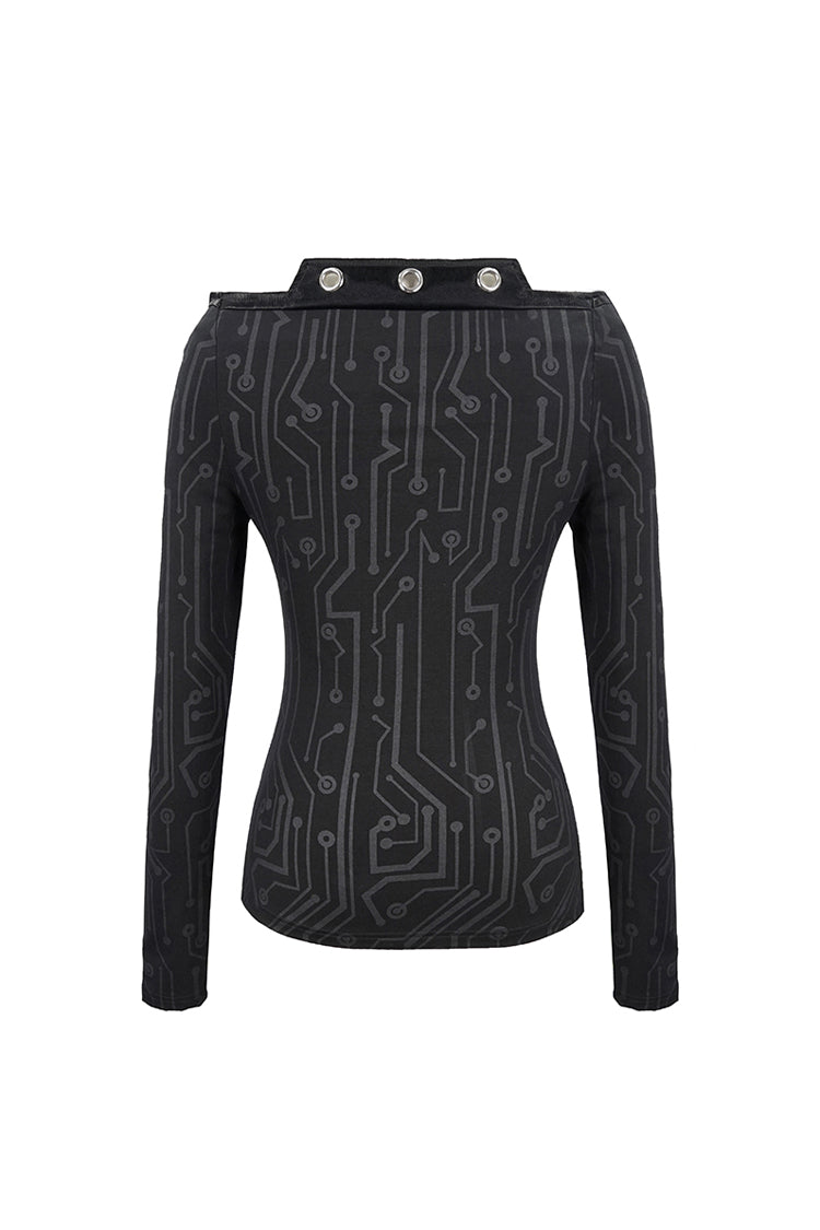 Black Printed Circuit Board Pattern Off-Shoulder Leather Strip Rivet Tight Women's Punk T-Shirt