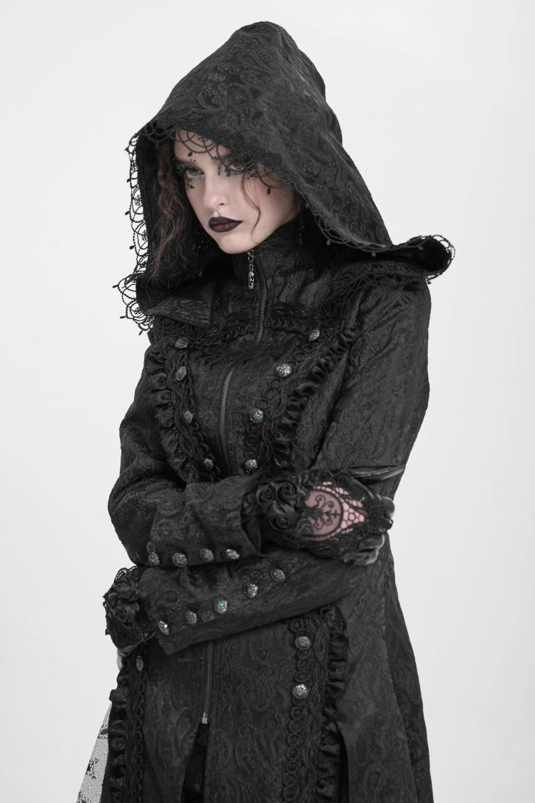 Black Stand Collar Long Sleeves Ruffle Hooded Women's Gothic Long Coat