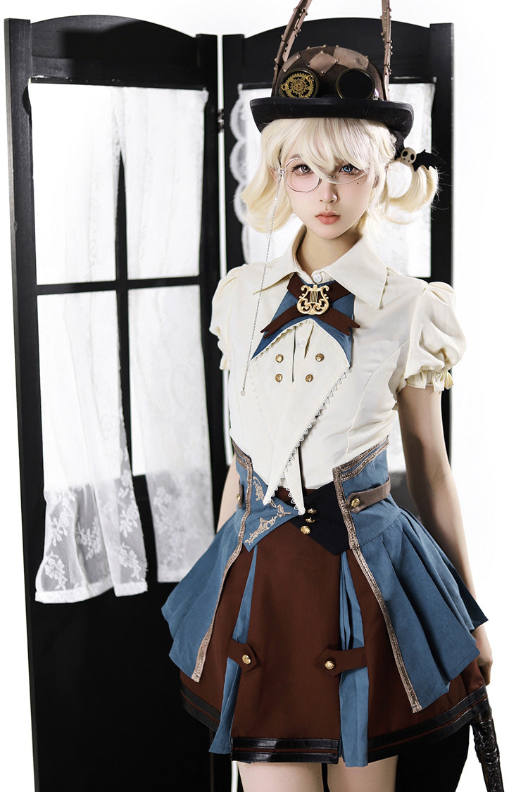 [Conducteur de Train de la Ville des Fées] Ensemble Jupe Lolita Punk Élégant à Manches Courtes avec Broderie de l'Académie Britannique 