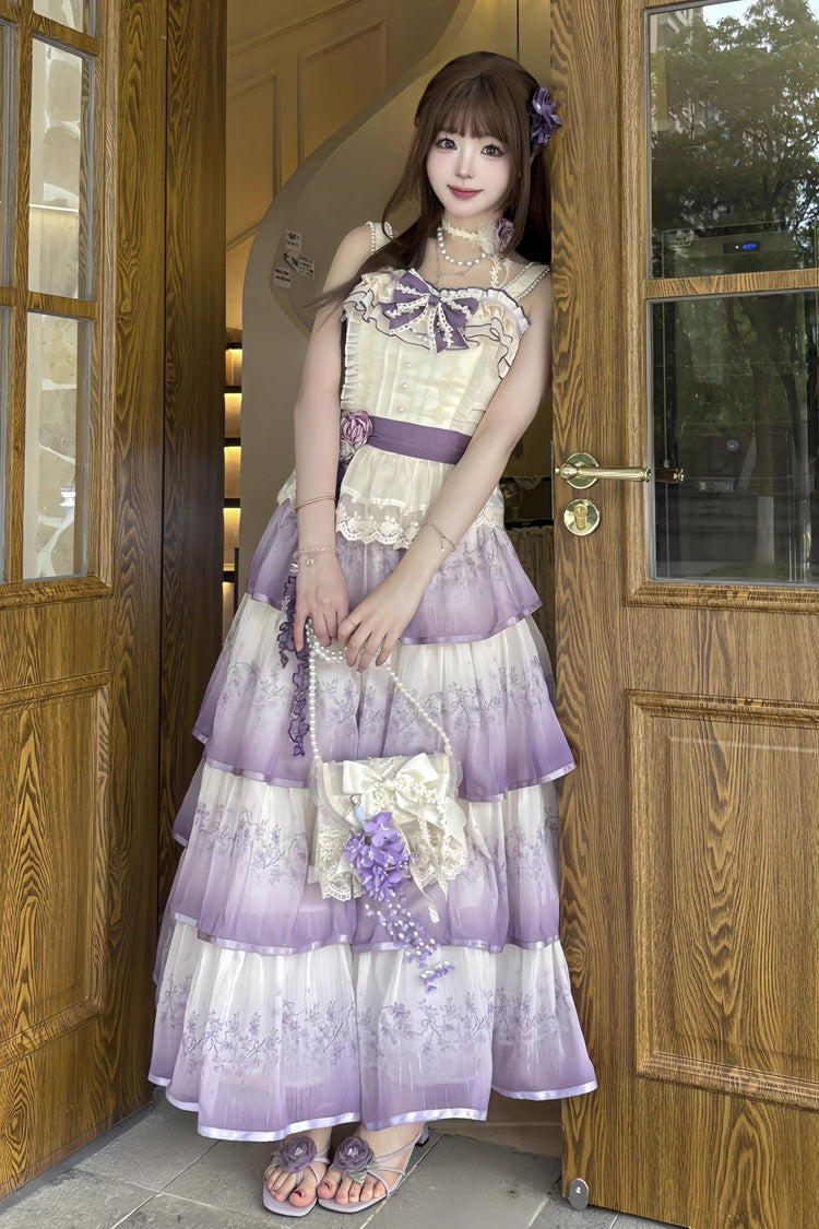 Purple [Lilac Thoughts] Sleeveless Gradient Multi-Layered Print Ruffle Bowknot Lace Sweet Lolita Dress Set