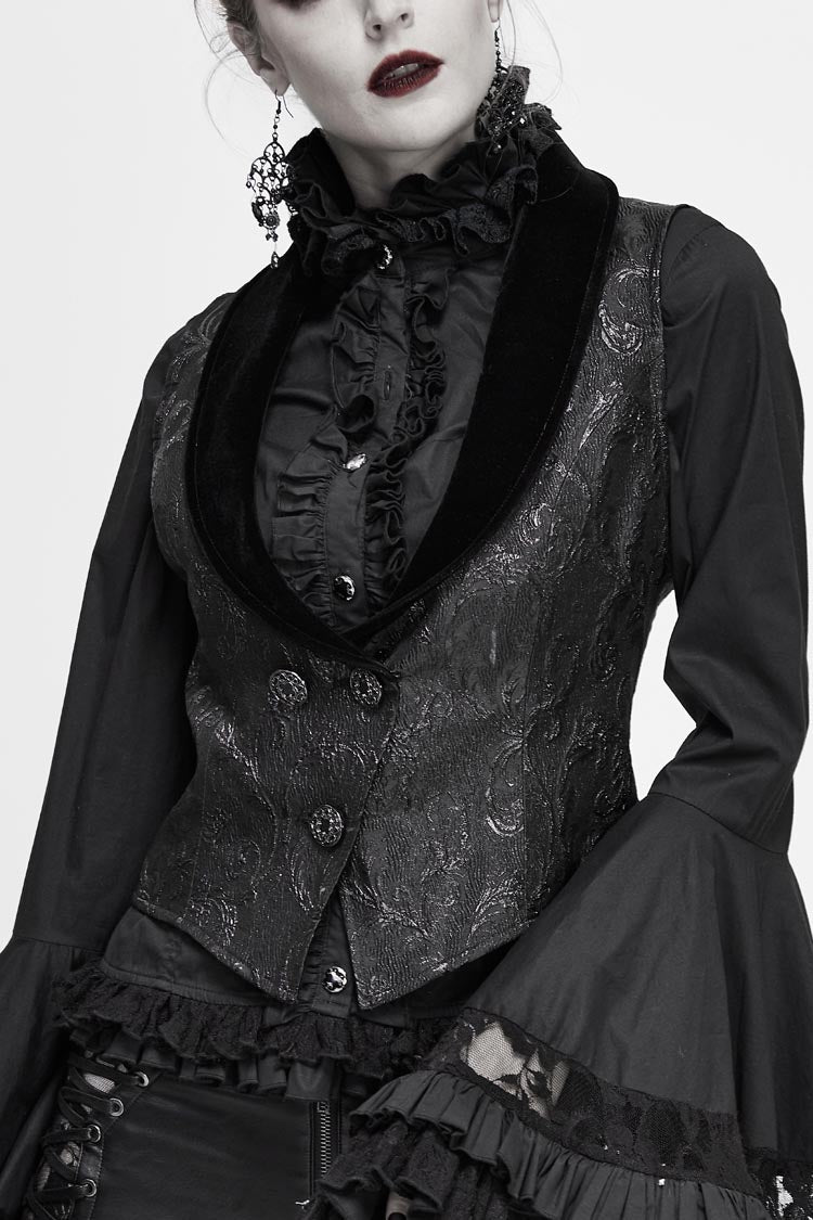 Black Velvet 3D Jacquard Low Collar Women's Gothic Waistcoat