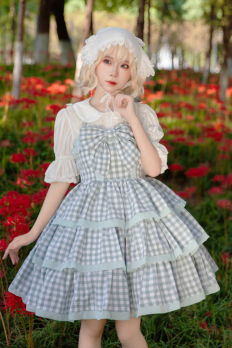Blue [Cloth Cat] Triple-Layered Plaid Print Ruffle Bowknot Sweet Lolita Dress 2 Colors