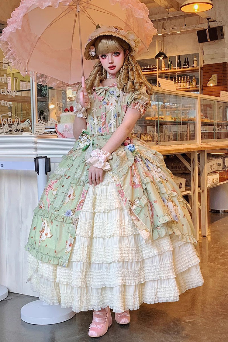 Robe Lolita Douce Quotidienne à Manches Courtes Imprimée Vert [Thé de Rose de Chat] avec Volants et Nœud Papillon 