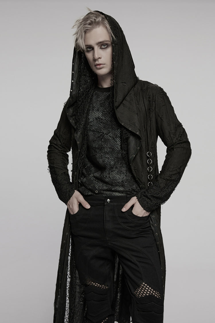 Black Long Sleeves Stitching Irregular Hooded Mesh Ripped Men's Gothic Coat