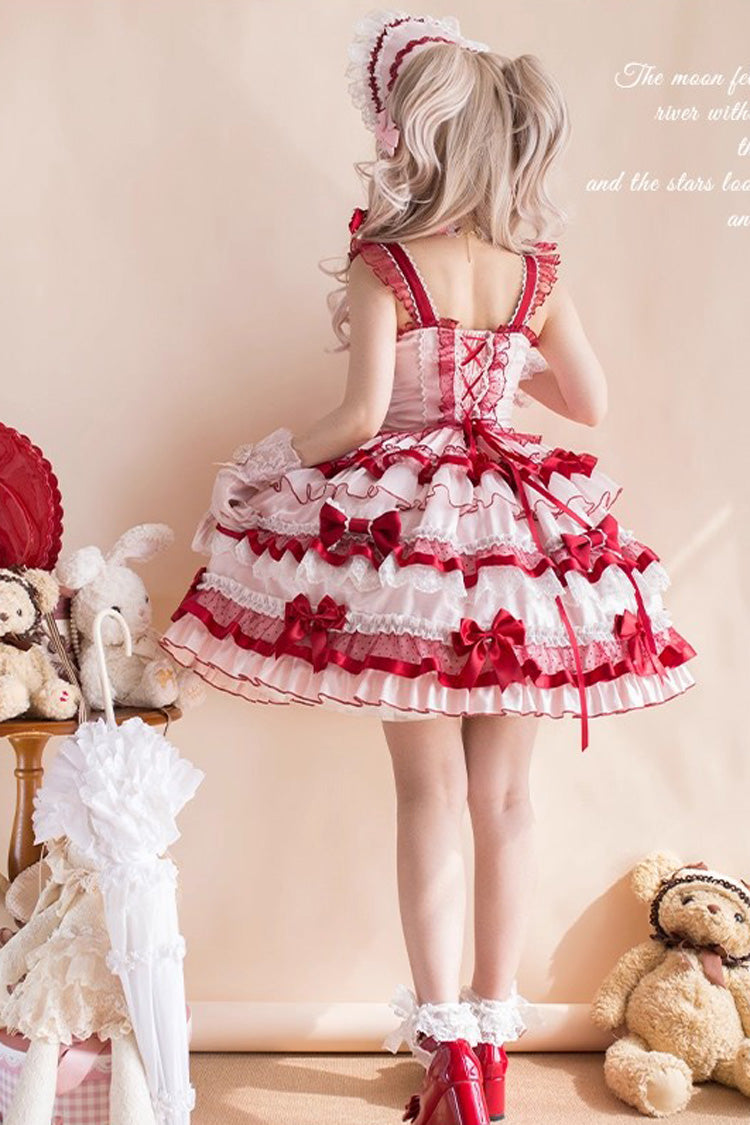 Red [Ribbon Berries] Sleeveless Multi-Layered Ruffle Bowknot Lace Sweet Lolita Jsk Dress