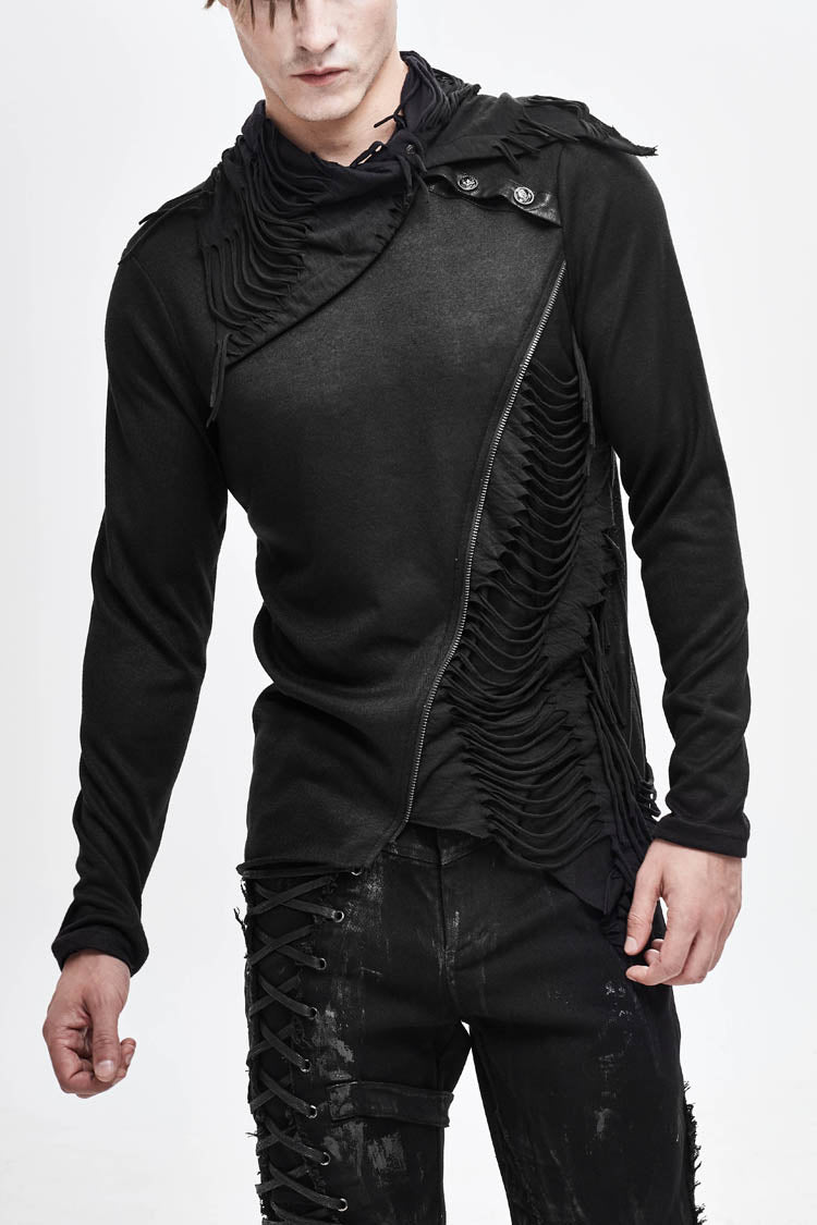 Black Ragged Turn-Down Collar Woolen Long Sleeve Irregular Hem Men's Punk T-Shirt