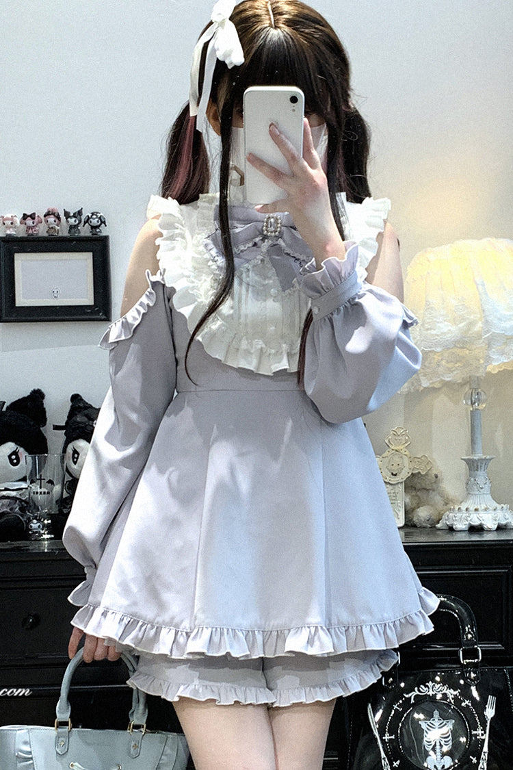 Light Blue [Rose Princess] Off Shoulder Long Sleeves Ruffle Bowknot Gothic Jirai Kei Dress
