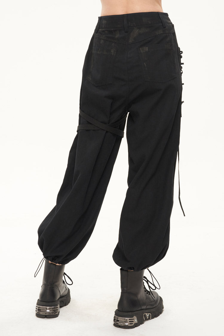 Black Irregular Print Single Side Frenulum Ring Legs Drawstring Closing Women's Punk Pants