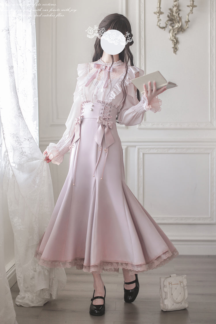 Pink Ruffle Bowknot Slim Sweet Elegant Lolita Fishtail Skirt Dress