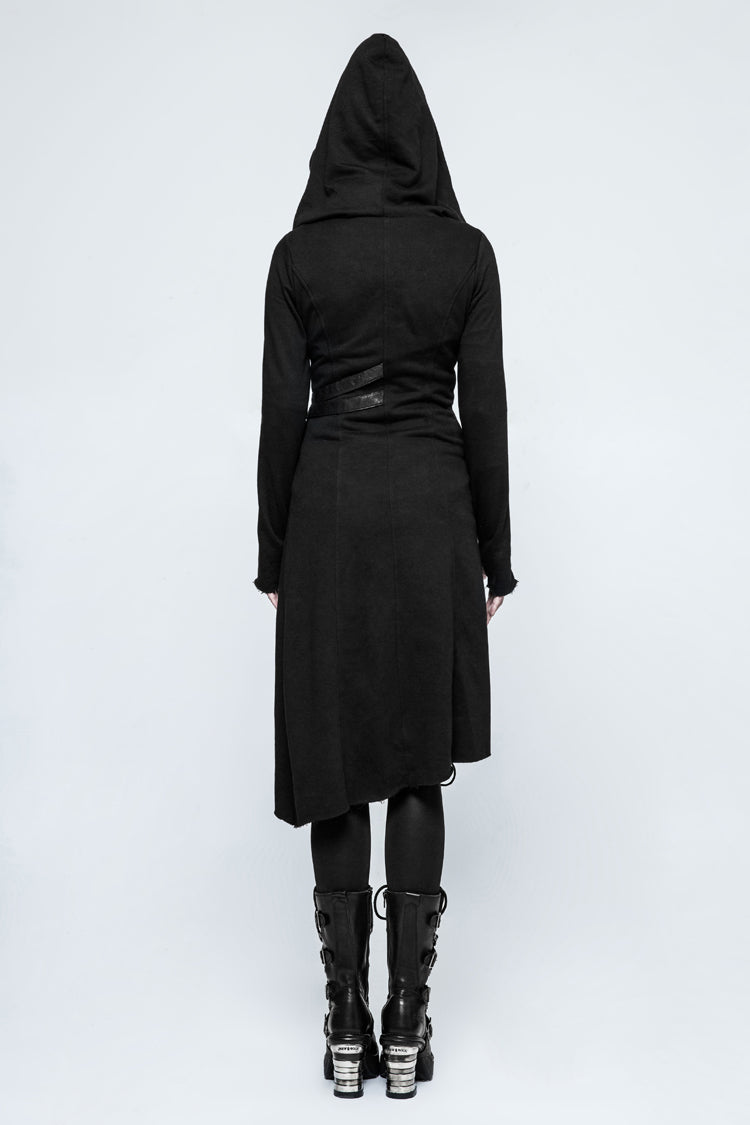 Black Long Sleeves Hooded Asymmetric Women's Gothic Military Coat With Belt