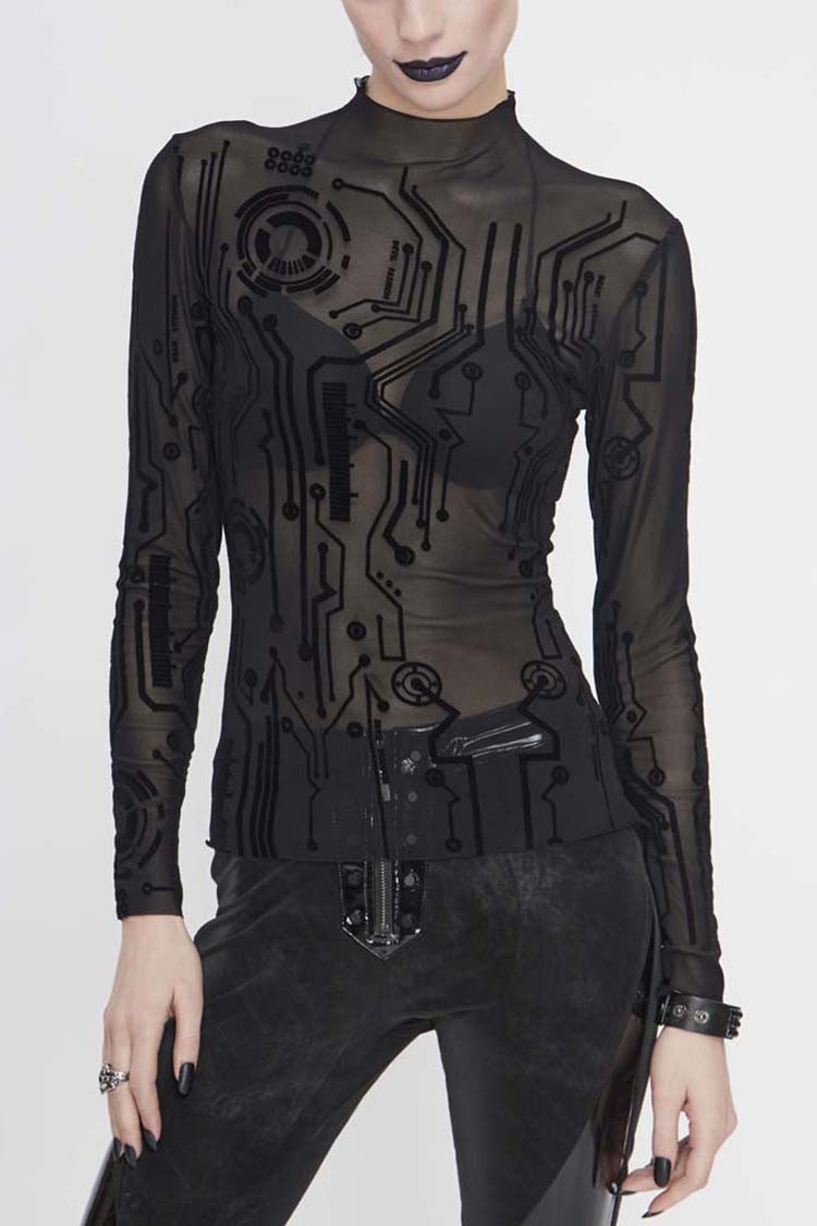 Black Long Sleeve The Printed Flocking Mesh Rough Selvedge Women's Punk Shirt