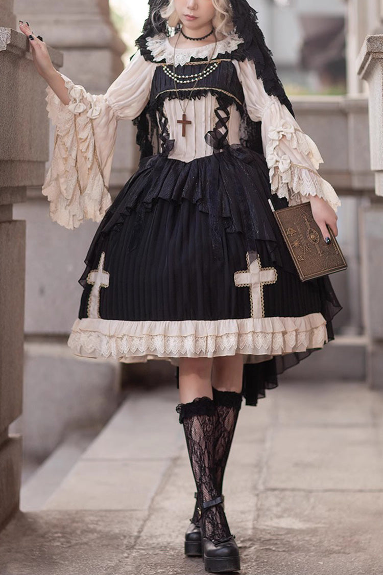 Black Eternal Life Song Print Cross Embroidery Sleeveless Ruffle Gothic Lolita Dress
