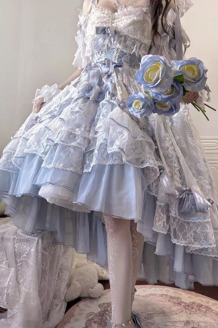 Blue [Diane Rose] Short Sleeves Multi-Layered Jacquard Ruffle Hanayome Cardigan Bowknot Lace Sweet Lolita Dress