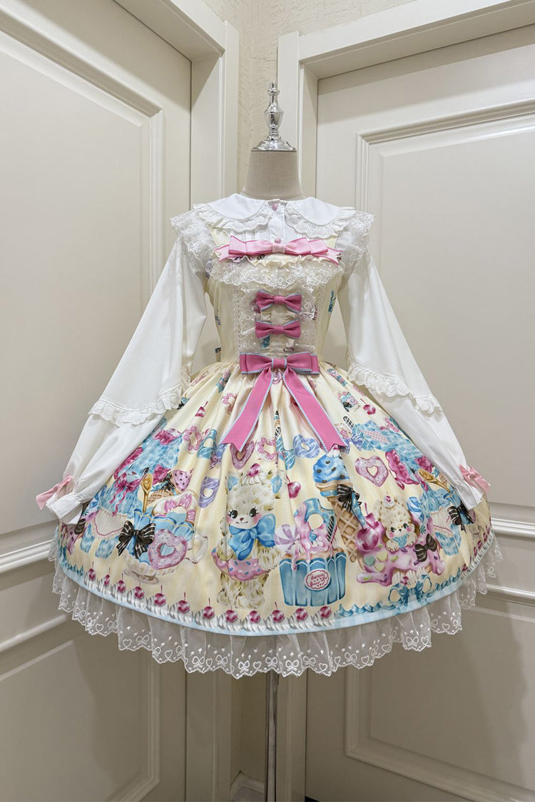 Yellow [Floral Whisper] Bear Print Ruffle Bowknot Lace Sweet Princess Lolita Jsk Dress