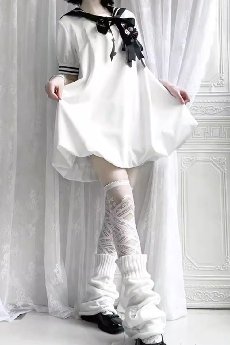 Black/White [Old Stories] Navy Collar Short Sleeves Bowknot Sweet Lolita Dress