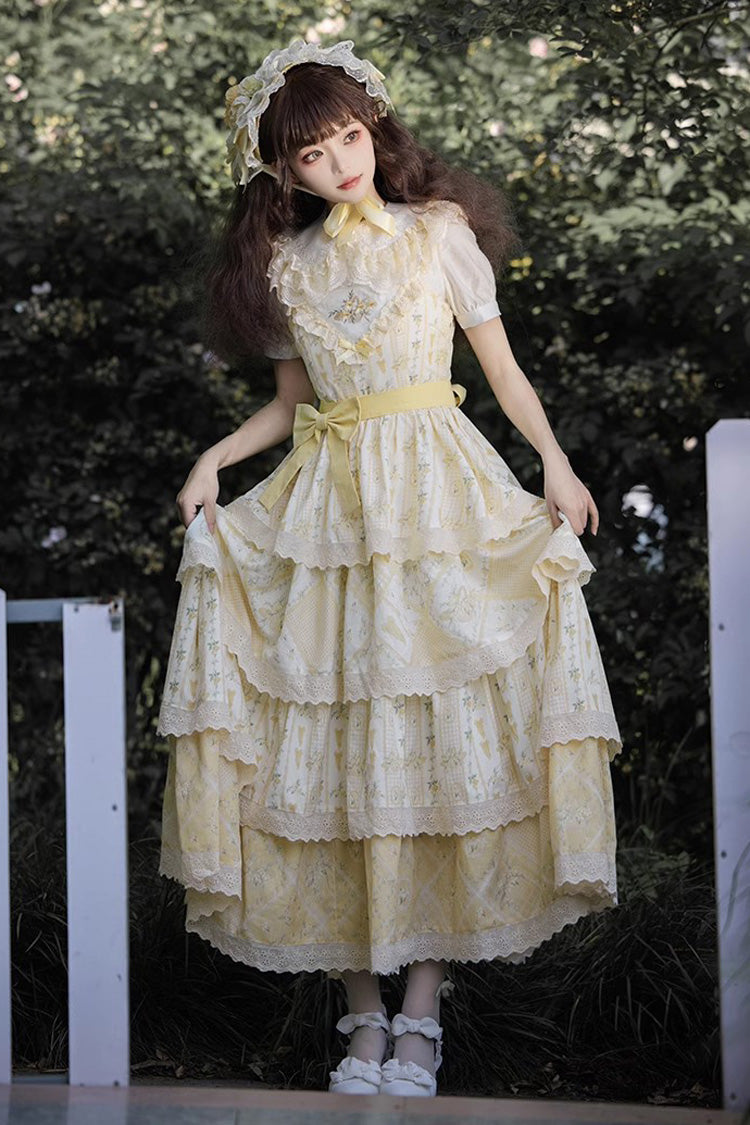 Yellow Multi-layer Sunflower Print Ruffle Embroidery Sweet Chinese Style Lolita Jsk Dress