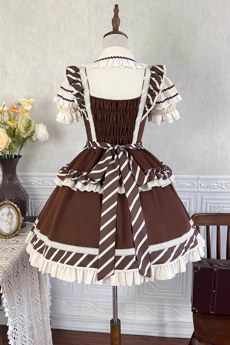 Brown Short Sleeves Print Ruffle Bowknot Sweet Princess Lolita Jsk Dress Set