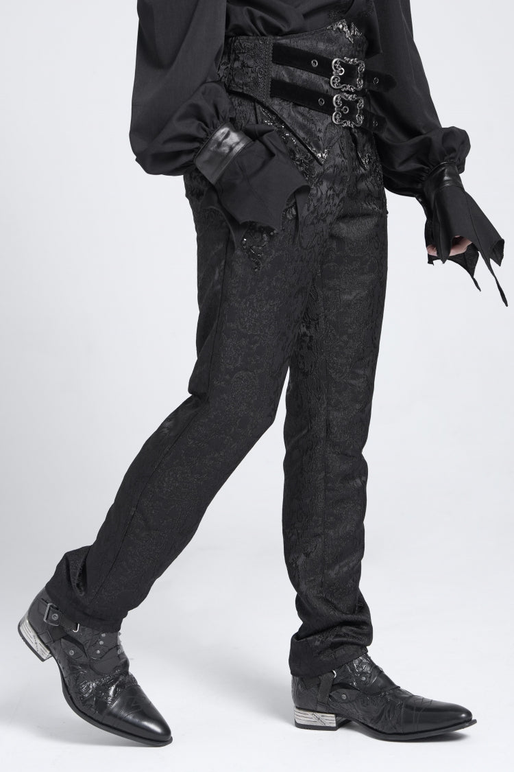 Pantalon de costume gothique pour homme à broderie taille haute avec doubles boucles noires 