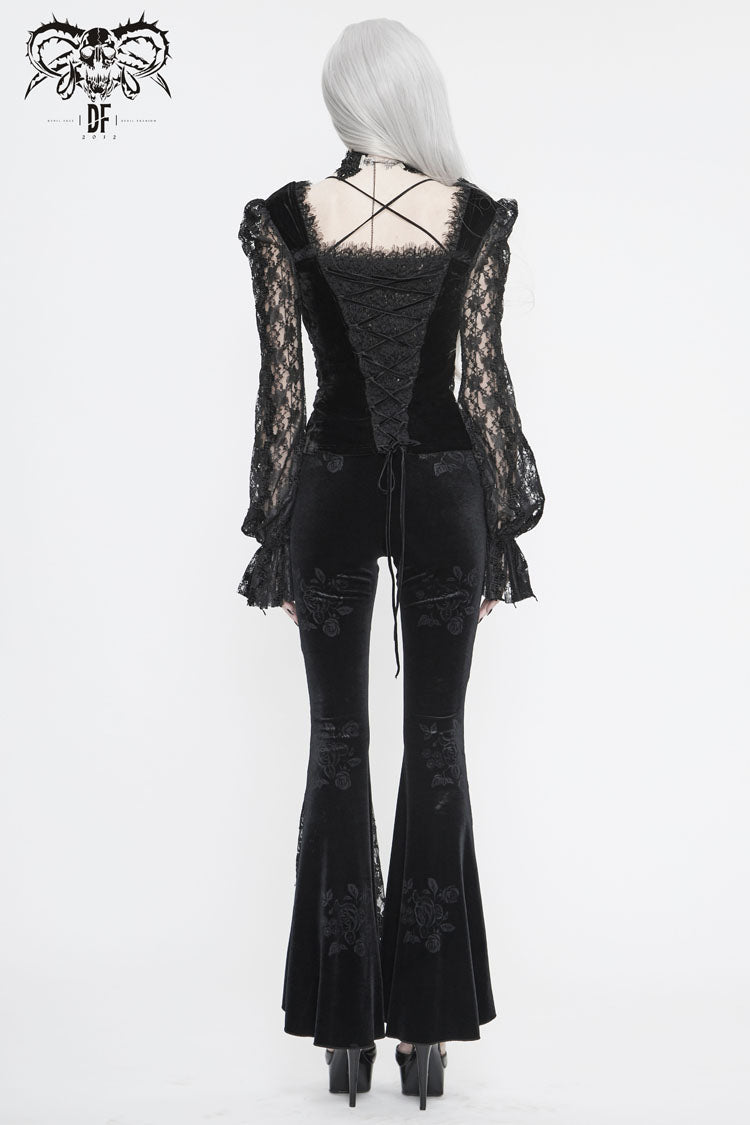 Black Front Chest Decals Lantern Sleeve Lace Cuff Back Lace-Up Knitted Velvet Women's Gothic T-Shirt