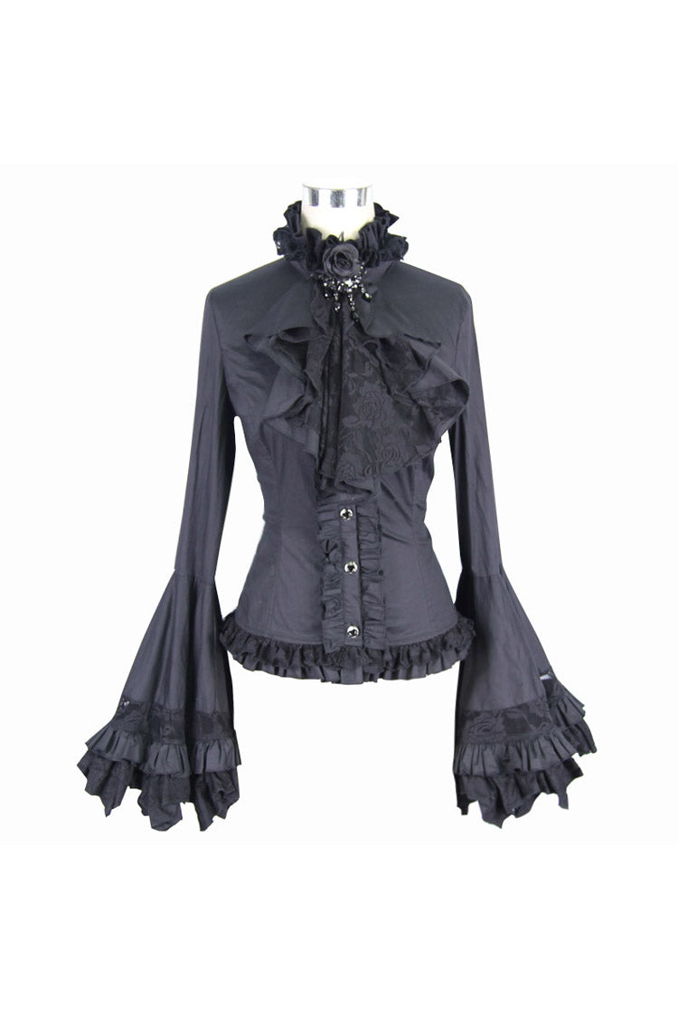 Black Vintage Ruffled With Trumpet Sleeves Women's Punk Blouses