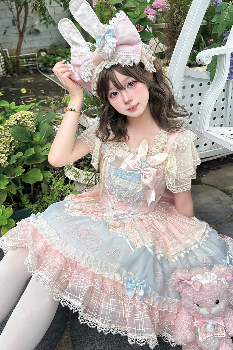 Blau/Rosa [Sweetheart Bunny] Quadratischer Kragen, Flatterärmel, mehrlagiges Jacquard-Kleid mit Rüschen, bestickter Schleife und Spitze, Sweet Lolita JSK-Kleid
