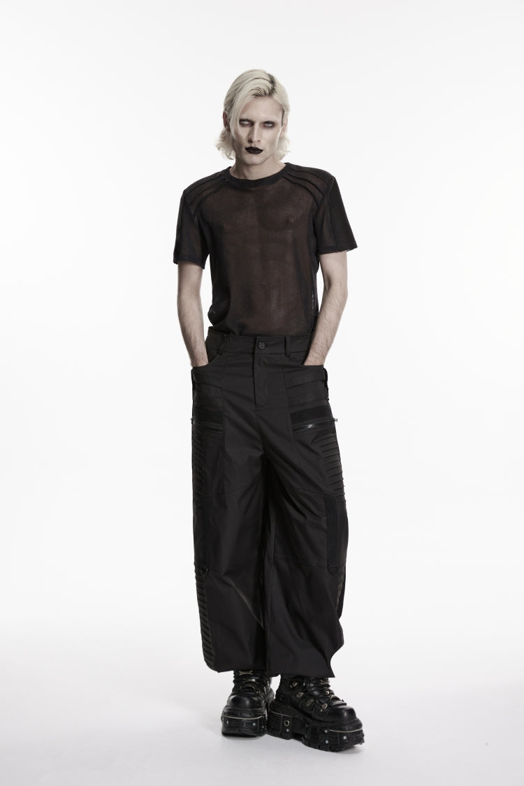 Black Round Collar Short Sleeves Sheer Men's Punk Shirt