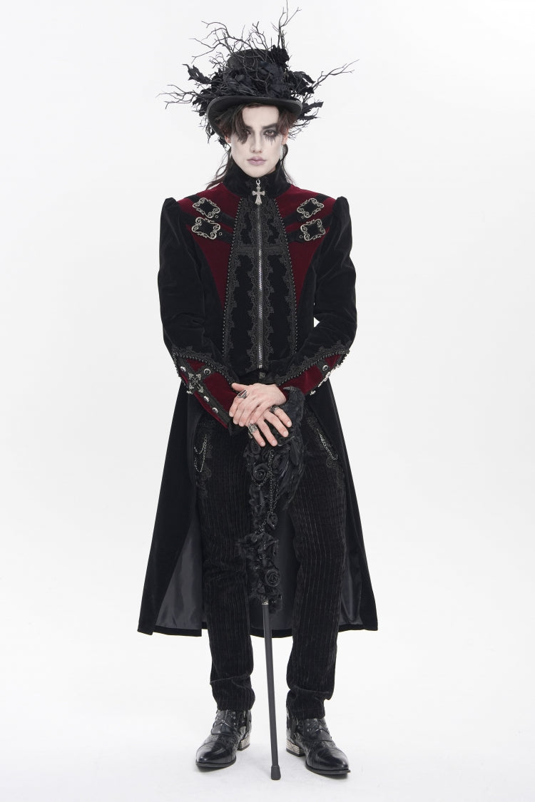 Veste de palais gothique pour hommes, col montant noir, manches longues, brodée, couleur bloquée, boucle, fermeture éclair