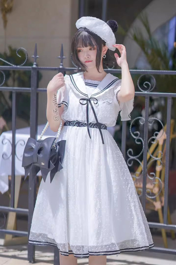 ホワイト【シーサイドスイートハート】シフォンネイビー襟半袖フリルレースアップスリムセーラースイートロリータドレス