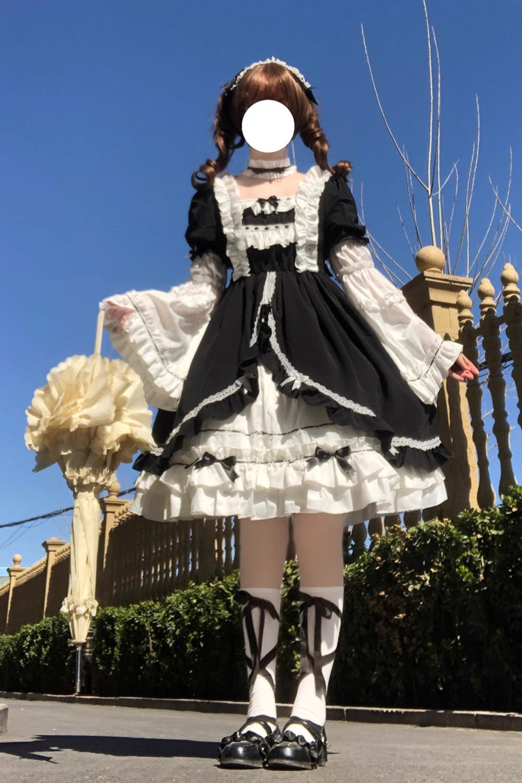 White/Black Long Hime Sleeves Ruffle Cardigan Bowknot Gothic Lolita Dress