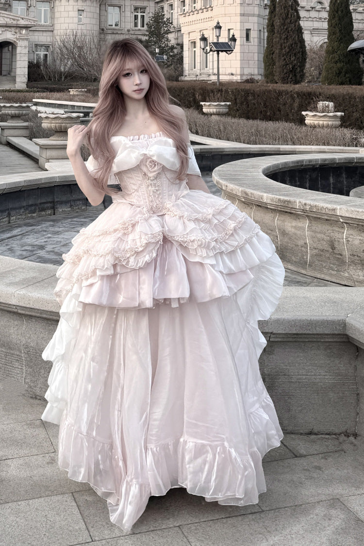Robe Lolita princesse rose à col bateau et nœud à volants