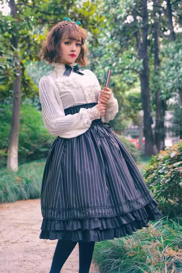 White Stand Collar Long Sleeves Ruffle Classic Elegant Lolita Blouse