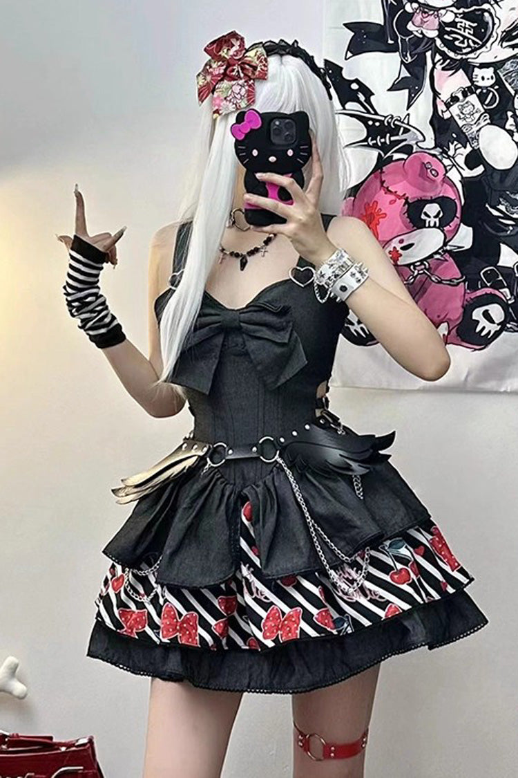 Black [Cherry] Sleeveless Triple-Layered Print Ruffle Bowknot Denim Sweet Japanese Vintage Lolita Jsk Dress