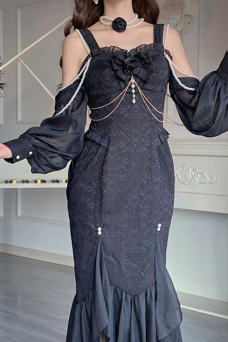 Black [Camellia 1.0] Sleeveless Jacquard Ruffle Lace Gothic Chinese Style Lolita Jsk Fishtail Dress