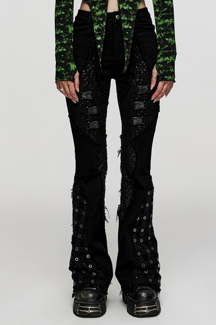 Black Hole Eyes Buckle Unedged Flared Women's Punk Pants