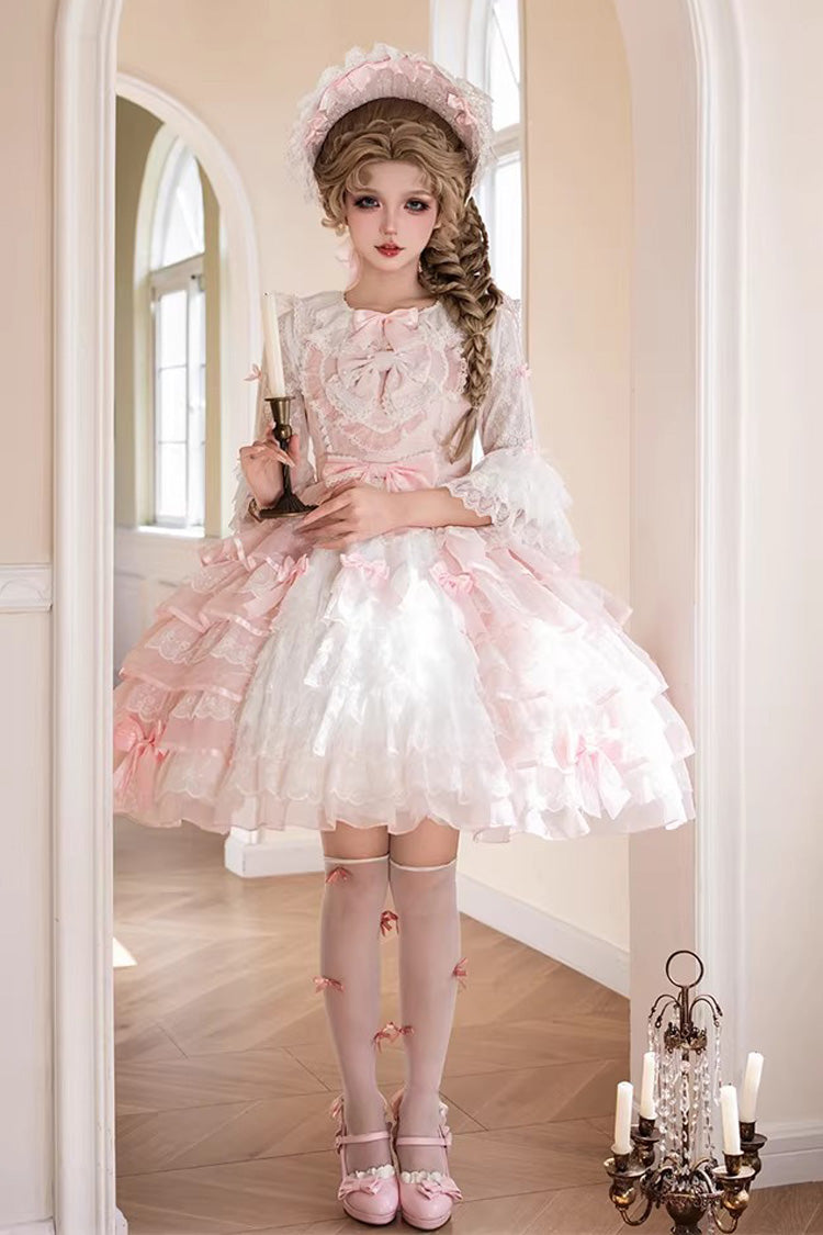 ピンク【桜文字】ノースリーブ多層フリル刺繍前開きリボンゴージャススイートロリータJSKワンピース