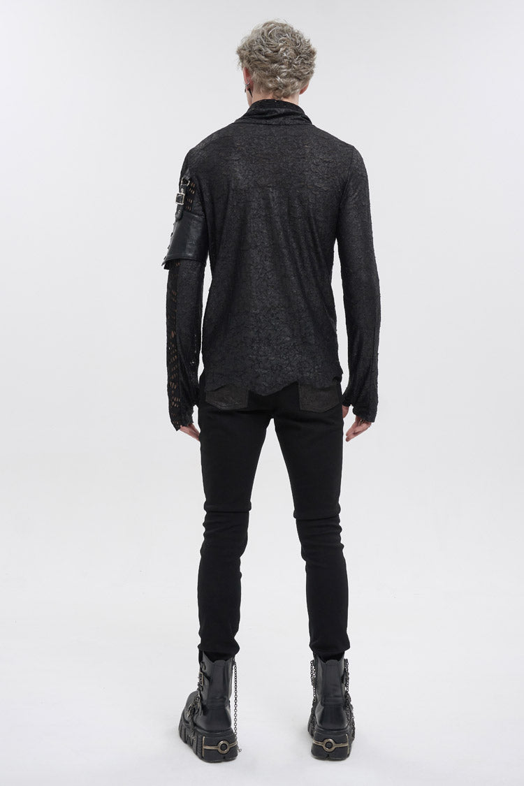 Black Fashion Printed Fabric Stitching Ripped Mesh Detachable Long Sleeve Men's Punk T-Shirt