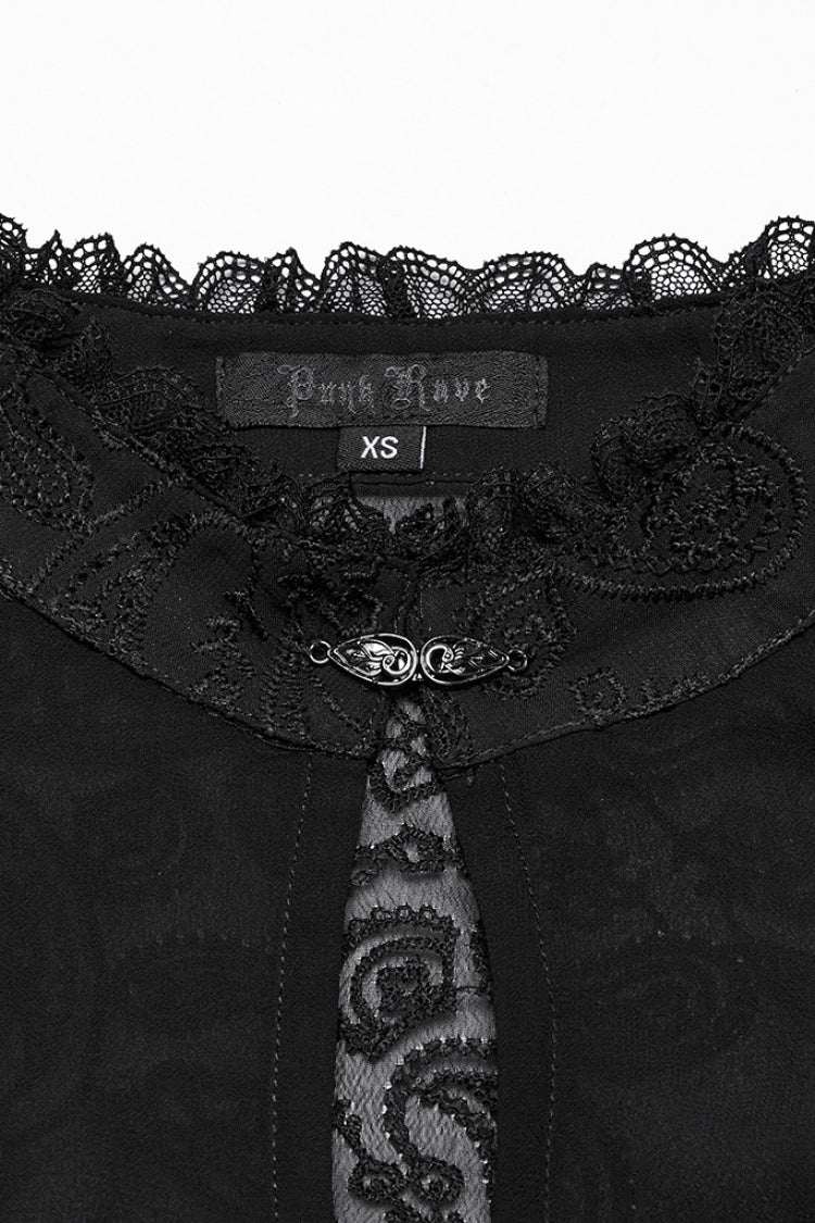 Black Stand Collar Long Puff Sleeves Jacquard Lace Women's Gothic Blouse