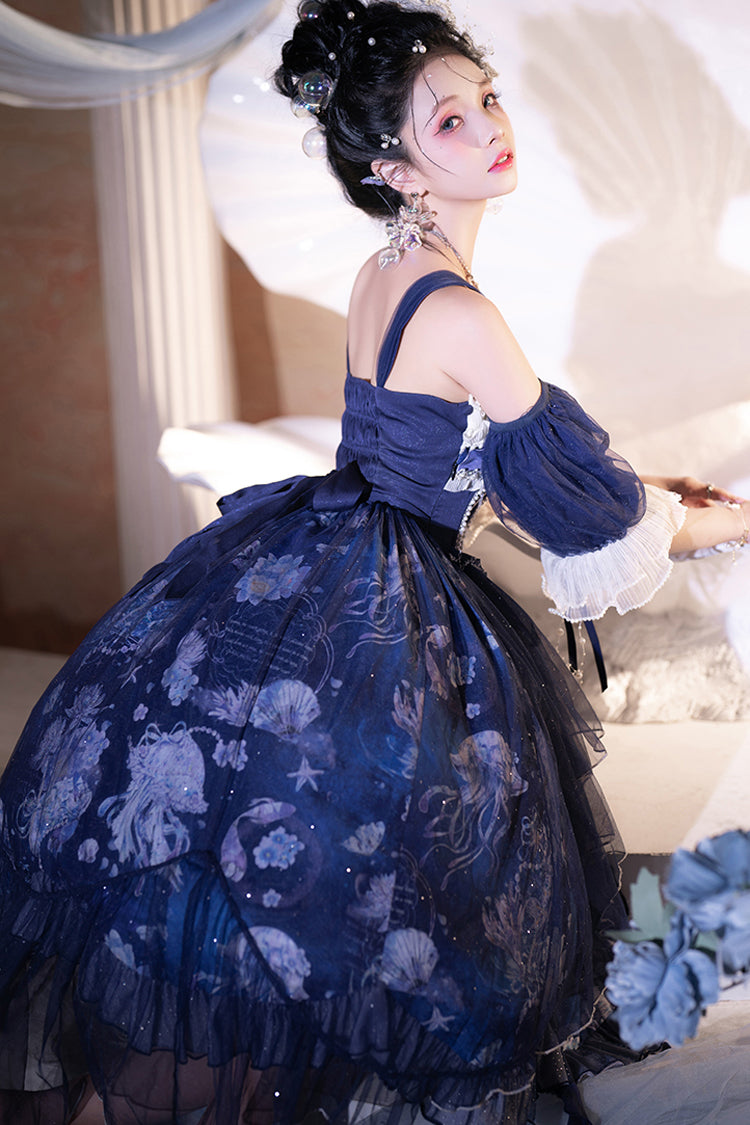 Blaues [Tiefseequallen] Print Rüschenspitze Süßes Elegantes Lolita Jsk Kleid