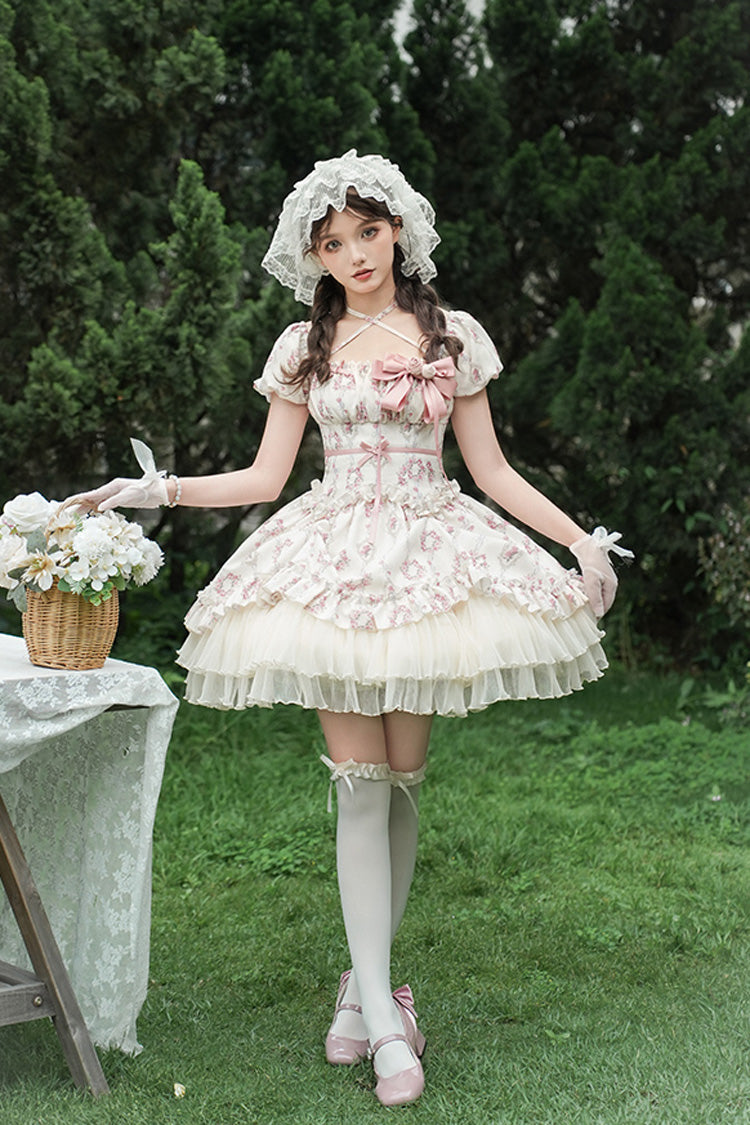 Robe courte Lolita douce à manches courtes ivoire [Rose après la pluie] à imprimé triple couche avec nœud à volants et lacets 