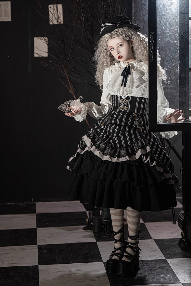 Black Point Manor Multi-layer Striped Print Ruffle Gothic Lolita Skirt