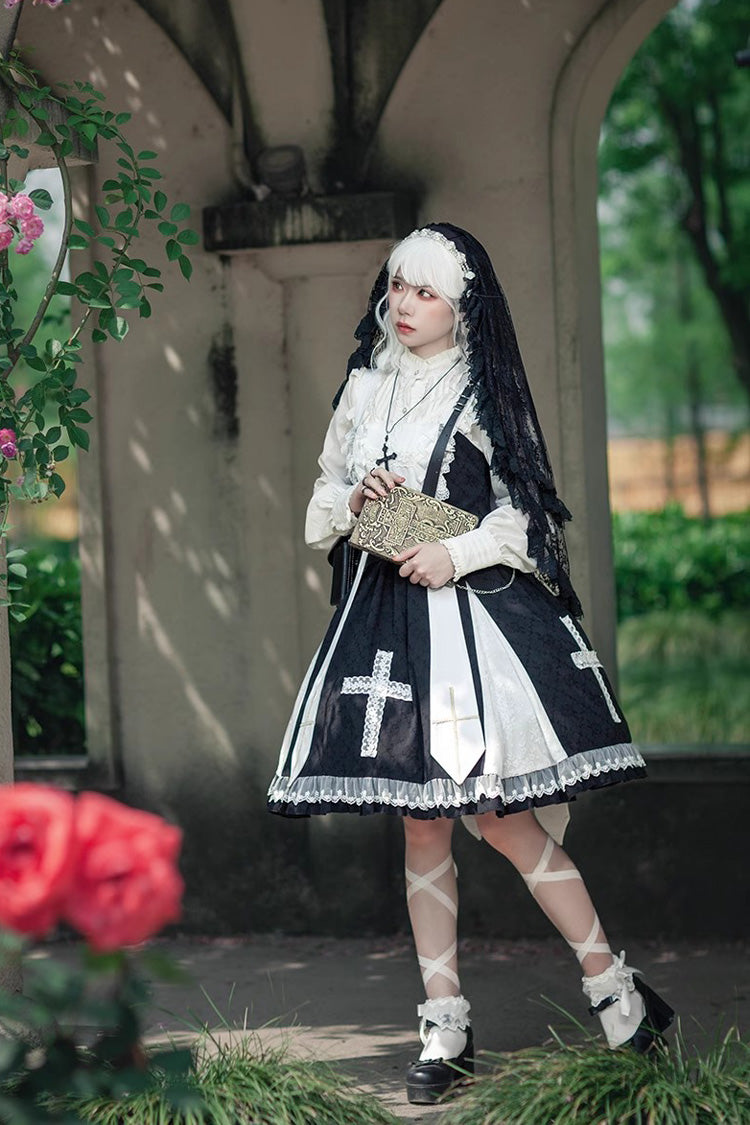 Black Paradise Cross Print Ruffle Sleeveless Gothic Lolita Dress