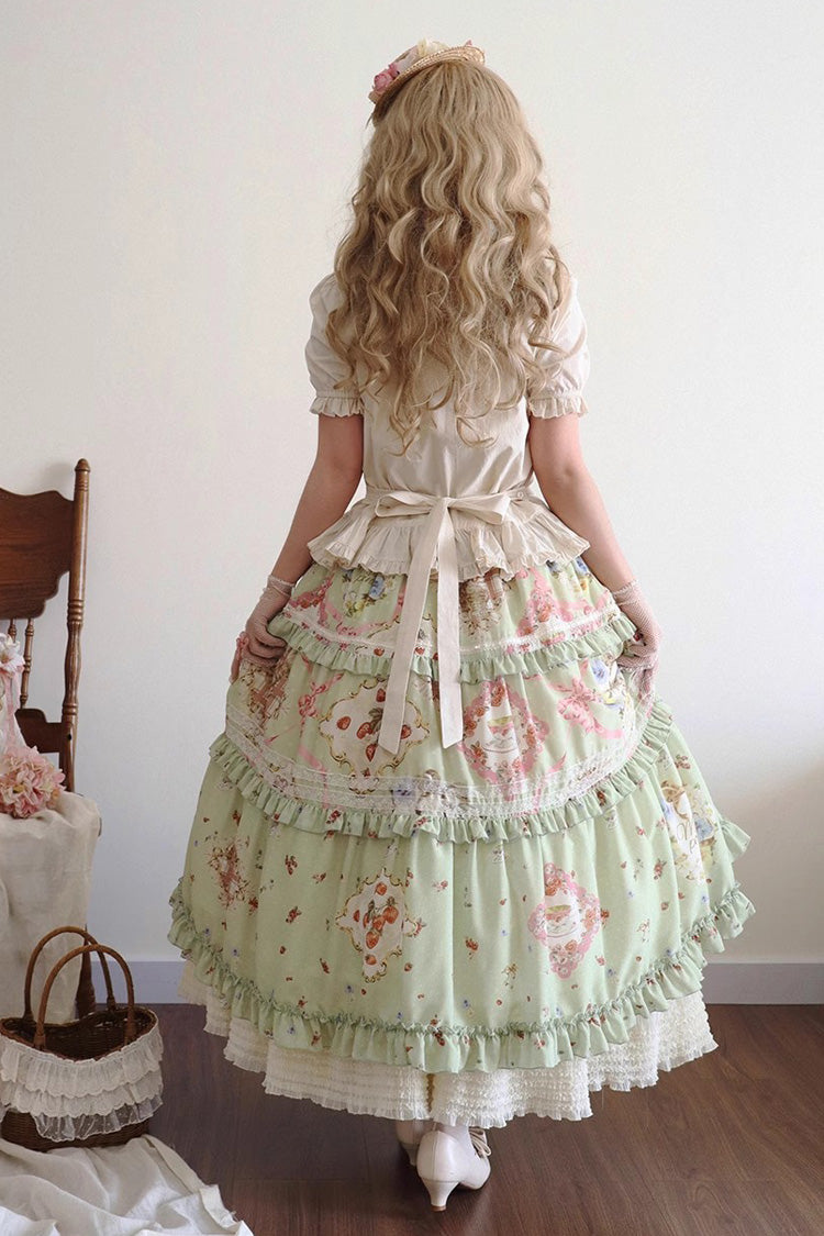 Jupe Lolita douce quotidienne à volants imprimée [Chat Rose Thé] verte 