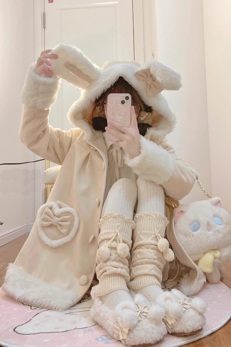 Light Yellow Woolen Rabbit Ears Single-breasted Bowknot Sweet Princess Lolita Coat