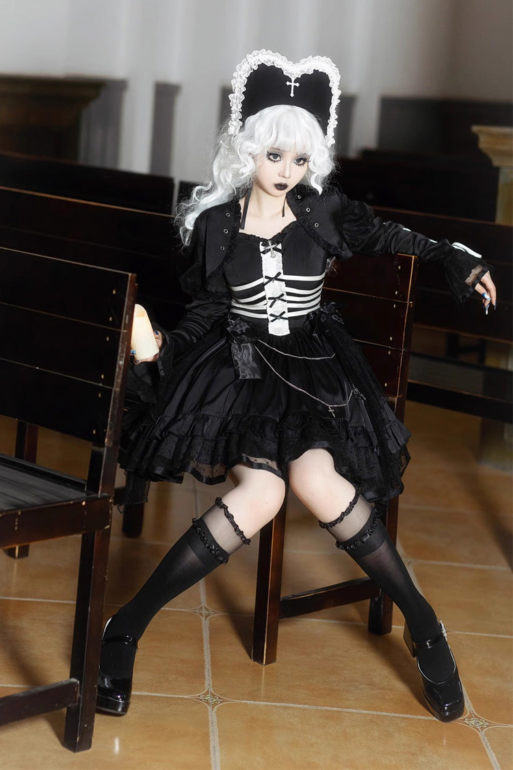 Black Prisoner Illusion Long Sleeves Multi-layer Ruffle Bowknot Gothic Princess Lolita Jsk Dress