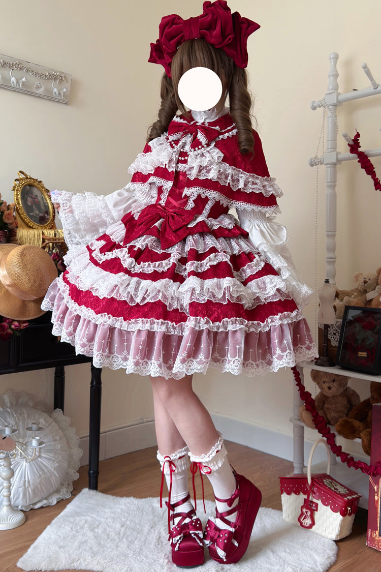 Wine Red [Love and Heart Flutter] Sleeveless Multi-Layered Ruffle Bowknot Lace Pearl Sweet Lolita Jsk Dress