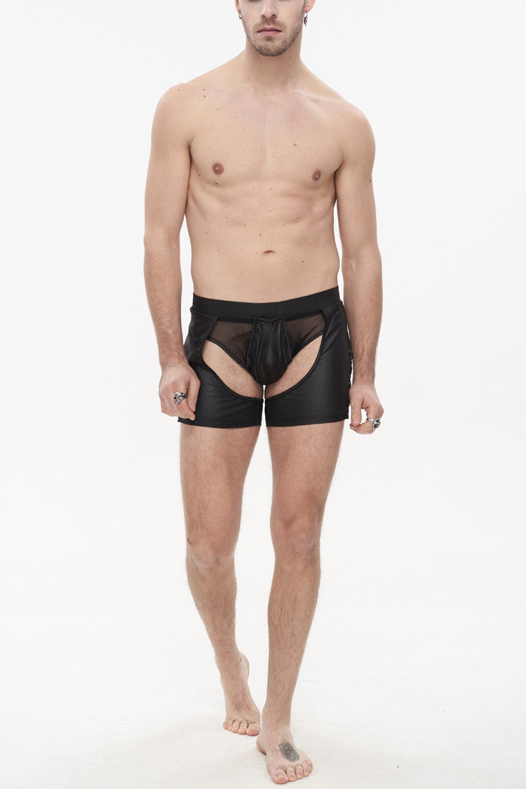 Black Knit Lace Up Perspective Sexy Slim Men's Punk Shorts