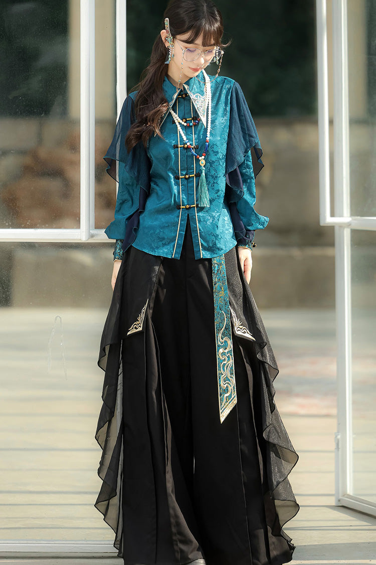 Schwarz/Grün Rundhals Langarm Rüschen Stickerei Chinesischer Stil Vintage Hübsches Ouji Lolita Set 